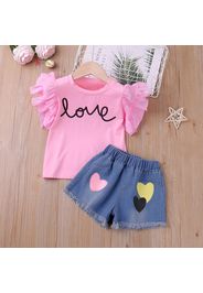 2pcs Toddler Girl Letter Print Mesh Flutter-sleeve Pink Tee and Heart Print Denim Shorts Set