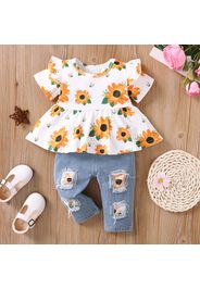 2pcs Baby Girl Allover Sunflowers Print Ruffle Short-sleeve Top and Ripped Jeans Set