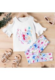 2pcs Kid Girl Butterfly Floral Print Cold Shoulder Short-sleeve White Tee and Allover Print Leggings Set