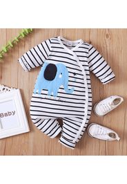 Baby Boy Cartoon Elephant Embroidered Striped Long-sleeve Snap Jumpsuit