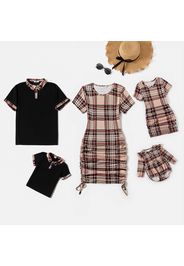 Family Matching Plaid Short-sleeve Ruched Mini Bodycon Dresses and Polo Shirts Sets