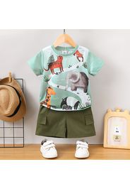 2pcs Toddler Boy Playful Animal Print Tee and Cargo Shorts Set