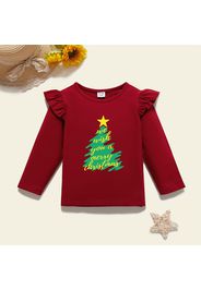 Christmas Toddler Girl Graphic Christmas Tree and Letter Print Ruffled Long-sleeve Tee