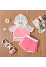 3pcs Toddler Girl Colorblock Camisole & Mesh Hooded Tee and Shorts Set