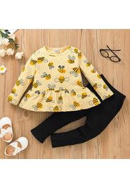 2-piece Toddler Girl Bee Print Long-sleeve Top and Black Pants Set