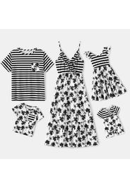 Family Matching Stripe Splicing Plant Print Spaghetti Strap V Neck Ruffle Dresses and Short-sleeve T-shirts Sets