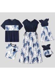 Family Matching Solid Spliced Allover Palm Leaf Print Drawstring Dresses and Short-sleeve T-shirts Sets