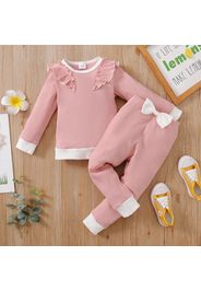 2-piece Toddler Girl Ruffled Colorblock Long-sleeve Ribbed Top and Bowknot Design Pants Set