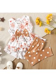 2-piece Toddler Girl Floral Print Bowknot Design Ruffled High Low Sleeveless Top and Polka dots Pants Set