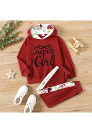 2-piece Kid Girl Letter Floral Print Red Hoodie Sweatshirt and Elasticized Pants Casual Set