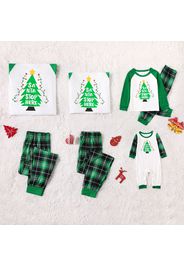 Christmas Tree and Letter Print Green Family Matching Raglan Long-sleeve Plaid Pajamas Sets (Flame Resistant)