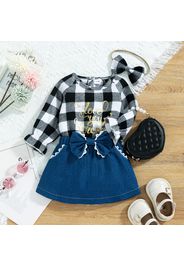 3pcs Baby Girl Letter Print Plaid Long-sleeve Romper and Solid Skirt with Headband Set