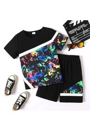 2pcs Kid Boy Tie Dyed Colorblock Short-sleeve Tee and Elasticized Shorts Set
