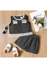 2pcs Toddler Girl Plaid Tweed Mesh Design Sleeveless Tee and Elasticized Shorts Set