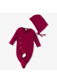 2pcs Baby Cotton Ribbed Solid Long-sleeve Footed Jumpsuit Set