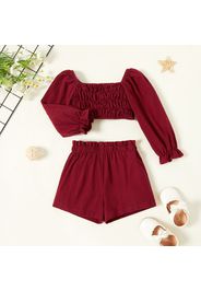 2-piece Toddler Girl 100% Cotton Square Neck Ruffle-sleeve Solid Smocked Top and Paperbag Shorts Set