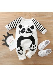 Panda and Stripe Print Long-sleeve White Baby Jumpsuit