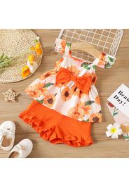 2pcs Baby Girl 100% Cotton Shorts and Floral Print Flutter-sleeve Bowknot Top Set