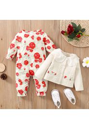 2pcs Baby Girl All Over Red Rose Floral Print Long-sleeve Jumpsuit and Textured Long-sleeve Jacket Set