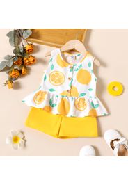 2pcs Toddler Girl Fruit Lemon Print Sleeveless Button Design Tee and Yellow Shorts Set