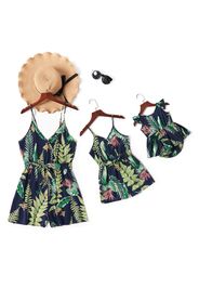 Leaf Print Green Sling Short Rompers for Mommy and Me