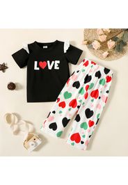 2-piece Toddler Girl Letter Heart Print Ruffled Short-sleeve Black Tee and Elasticized Pants Set