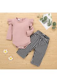 2pcs Ribbed Stripe Print Ruffle Decor Long-sleeve Baby Set