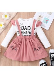 2-piece Toddler Girl Letter Print Ruffled Long-sleeve Ribbed Top and Cat Embroidered Waffle Suspender Skirt Set