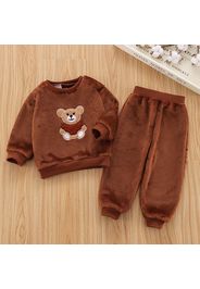 2-piece Toddler Girl/Boy Bear Embroidered Fuzzy Pullover and Solid Pants Set