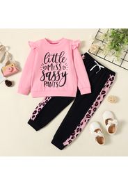 2-piece Toddler Girl Letter Print Flutter Long-sleeve Pink Pullover and Bowknot Design Leopard Print Pants Set