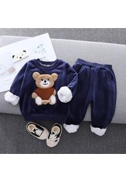 2pcs Baby Cartoon Bear Pattern Thickened Fleece Lined Grey Long-sleeve Pullover and Trousers Set