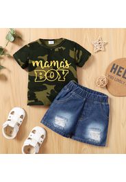 2pcs Baby Boy Letter Print Camo Short-sleeve T-shirt and Ripped Denim Shorts Set