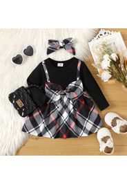 2pcs Baby Girl 95% Cotton Long-sleeve Faux-two Plaid Bow Front Dress with Headband Set