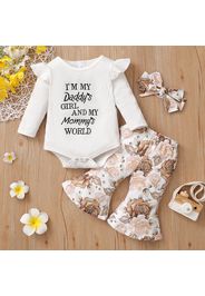 3pcs Baby Letter Embroidered Ribbed Long-sleeve Romper and Sunflower Floral Print Bell Bottom Pants Set