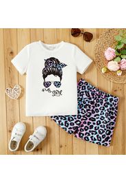 2pcs Kid Girl Figure Cartoon Print Short-sleeve White Tee and Gradient Color Bowknot Leopard Print Shorts Set