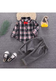 2pcs Baby Boy Bow Tie Long-sleeve Plaid Shirt and Striped Trousers Set