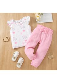 2-piece Toddler Girl Elephant Floral Print Ruffled Flutter-sleeve Tee and Bowknot Design Pink Ppaerbag Pants Set