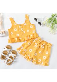 2-piece Kid Girl Floral Print Button Design Ruffle Hem Camisole and Shorts Set