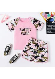 2pcs Kid Girl Letter Camouflage Print Short Raglan Sleeve Tee and Shorts Set