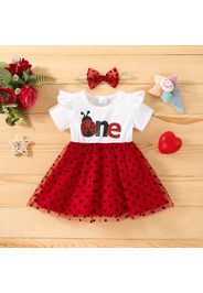 2pcs Baby Boy Ladybug Letter Print Ruffle Short-sleeve Splicing Dots Mesh Dress with Headband Set