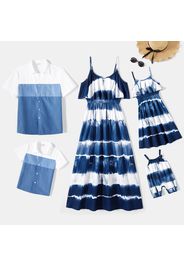 Family Matching Blue Tie Dye Flounce Cami Dresses and Short-sleeve Shirts Sets