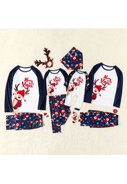 Merry Xmas Letters and Reindeer Print Navy Family Matching Long-sleeve Pajamas Sets (Flame Resistant)