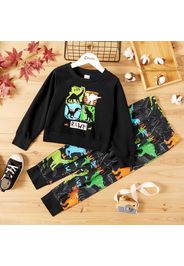 2-piece Kid Boy Letter Animal Dinosaur Print Pullover Sweatshirt and Pants Set