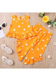 2pcs Kid Girl Heart Print Ruffled Sleeveless Tee and Irregular Capri Pants Set