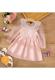 100% Cotton Baby Girl Pink Mesh Long-sleeve 3D Butterfly Decor Swiss Dot Dress