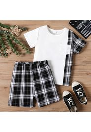 2pcs Kid Boy Plaid Colorblock Short-sleeve Tee and Elasticized Shorts Set