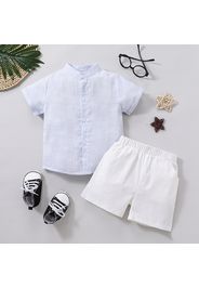 Refreshing As Soda Toddler Boy 2pcs 100% Cotton Striped Stand Collar Short-sleeve Blue Shirt Top and Solid White Shorts Set