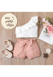 2pcs Baby Girl Solid One Shoulder Sleeveless Ruffle Top and Bloomers Shorts Set