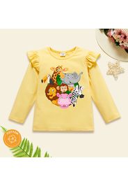 Toddler Girl Animal Print Ruffled Long-sleeve Pale Yellow Cotton Tee