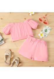 2pcs Kid Girl Solid Color Off Shoulder Short-sleeve Tee and Bowknot Design Shorts Set